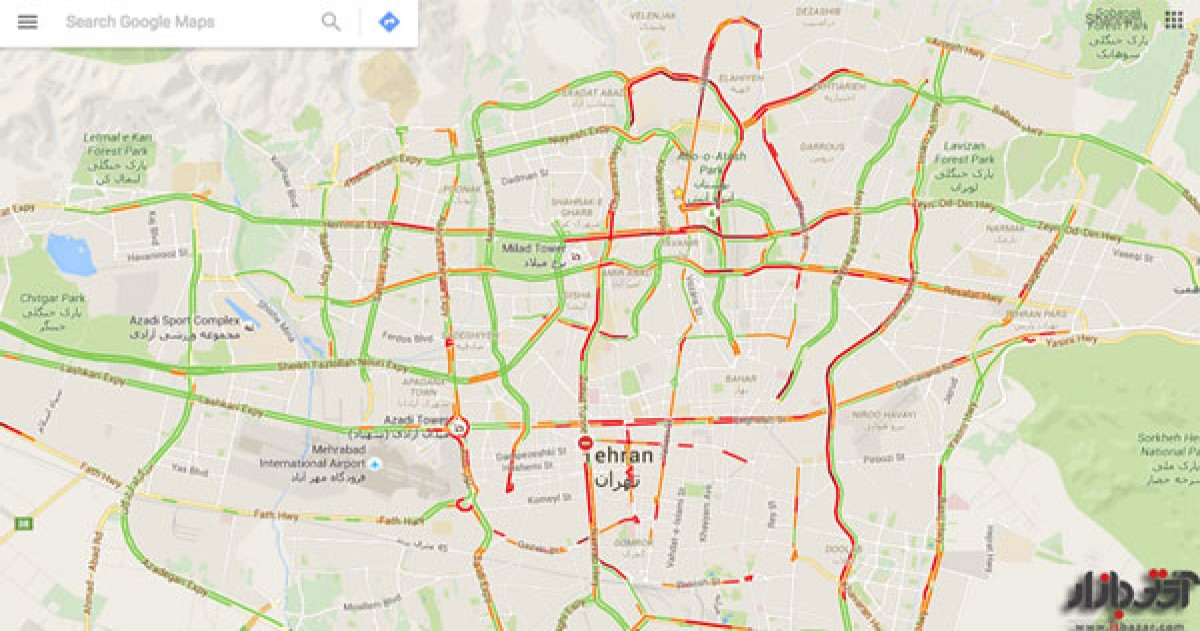 ترافیک آنلاین تهران و دیگر شهر ها در نقشه گوگل