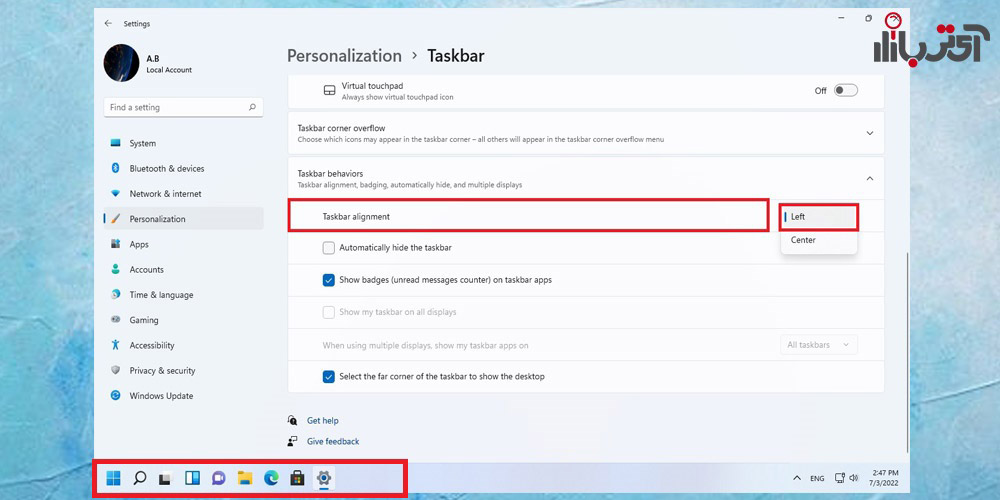 بخش Taskbar behaviors ویندوز 11