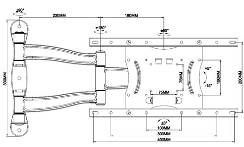 ابعاد و زوایای چرخش پایه LCD/LED مدل TWM-500