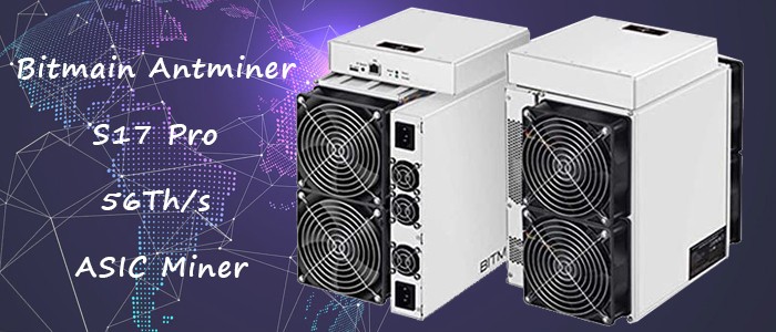 دستگاه ماینر بیت مین انت ماینر Antminer S17 Pro 56Th از دو زاویه به همراه مشخصات